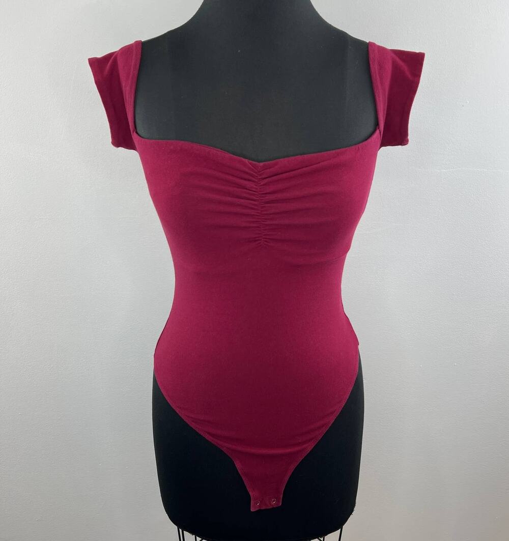 Free People Burgundy Pink Square Neck Short Sleeve Thong Bodysuit One Piece S
